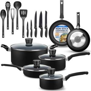 imageSereneLife Kitchenware Pots ampamp Pans Basic Kitchen Cookware Black NonStick Coating Inside Heat Resistant Lacquer 20Piece Set One Size GrayBlack
