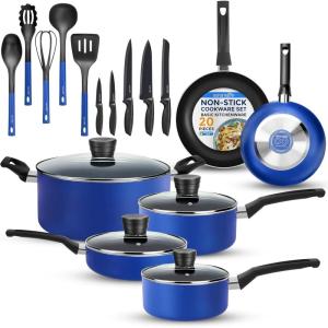 imageSereneLife Kitchenware Pots ampamp Pans Basic Kitchen Cookware Black NonStick Coating Inside Heat Resistant Lacquer 20Piece Set One Size GrayBlue