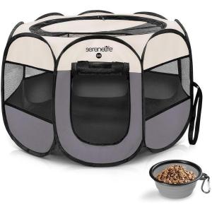 imageSereneLife OnTheGo Foldable Portable Pet Tent 8Panel Playpen for Dog ampamp Cat wFoodWater Bowl Mesh Exercise Puppy Playground Pet House Indoor ampamp Outdoor Travel ampamp Camping Pet Kennell Grey LargeGrey