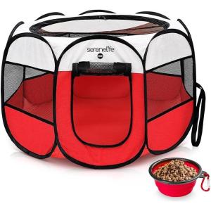 imageSereneLife OnTheGo Foldable Portable Pet Tent 8Panel Playpen for Dog ampamp Cat wFoodWater Bowl Mesh Exercise Puppy Playground Pet House Indoor ampamp Outdoor Travel ampamp Camping Pet Kennell Grey LargeRed
