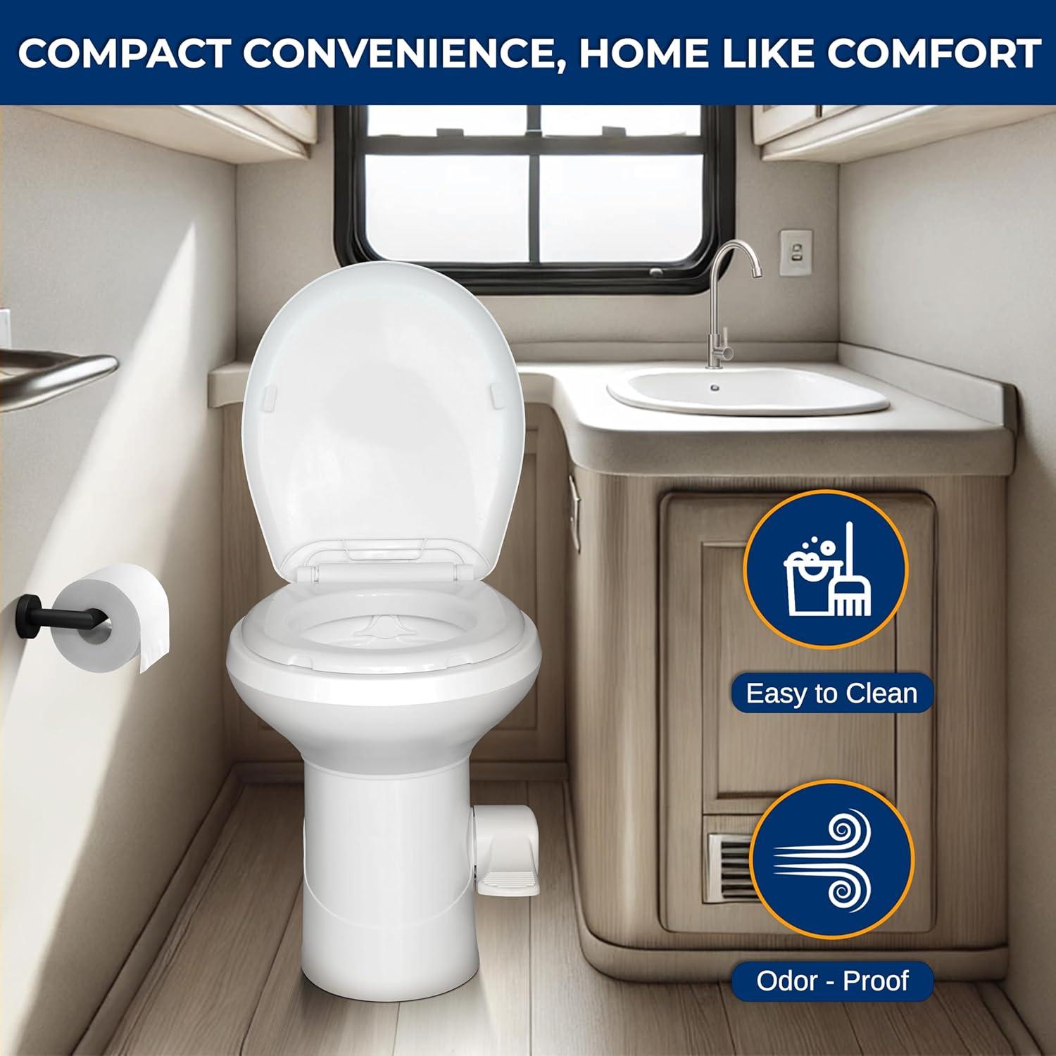 imageSereneLife CamperRV Toilet  Easy Flush with Foot Pedal Hand Sprayer SoftClose Seat LeakProof Bowl OdorFree Includes Accessories Quick Install for RVs Trailers Boats ampamp Marine Use