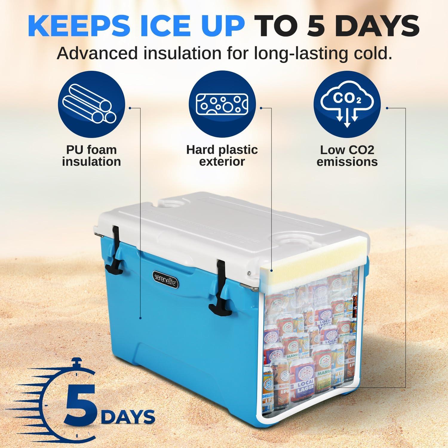 imageSereneLife UltraTough 2575 Quart Rotomolded Cooler Box Holds Upto 64 Cans Keeps Ice Up to 5 Days HeavyDuty Insulated Portable Ice Chest Box Ideal for Camping Beach Picnics Tailgating etcBlue