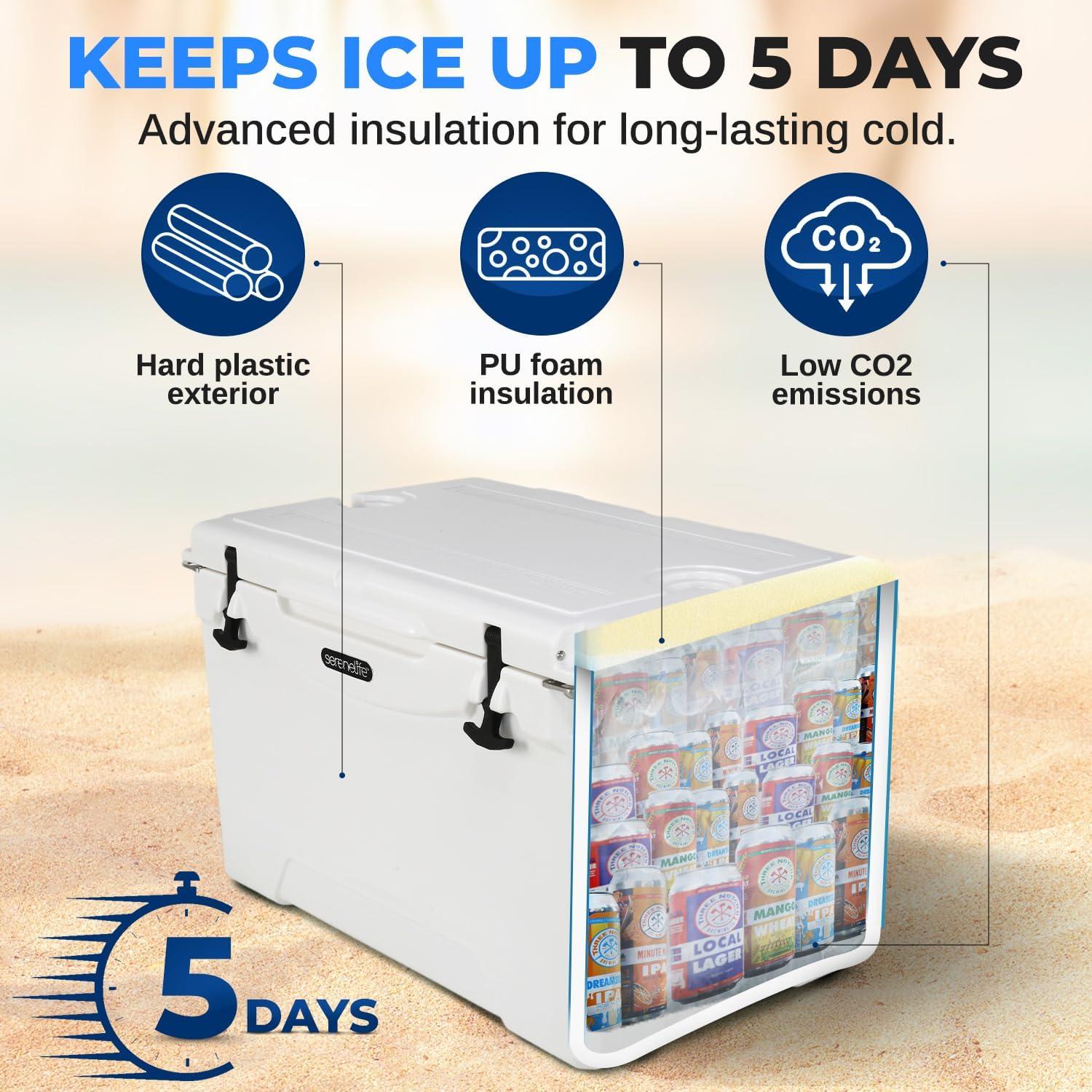imageSereneLife UltraTough 2575 Quart Rotomolded Cooler Box Holds Upto 64 Cans Keeps Ice Up to 5 Days HeavyDuty Insulated Portable Ice Chest Box Ideal for Camping Beach Picnics Tailgating etcWhite