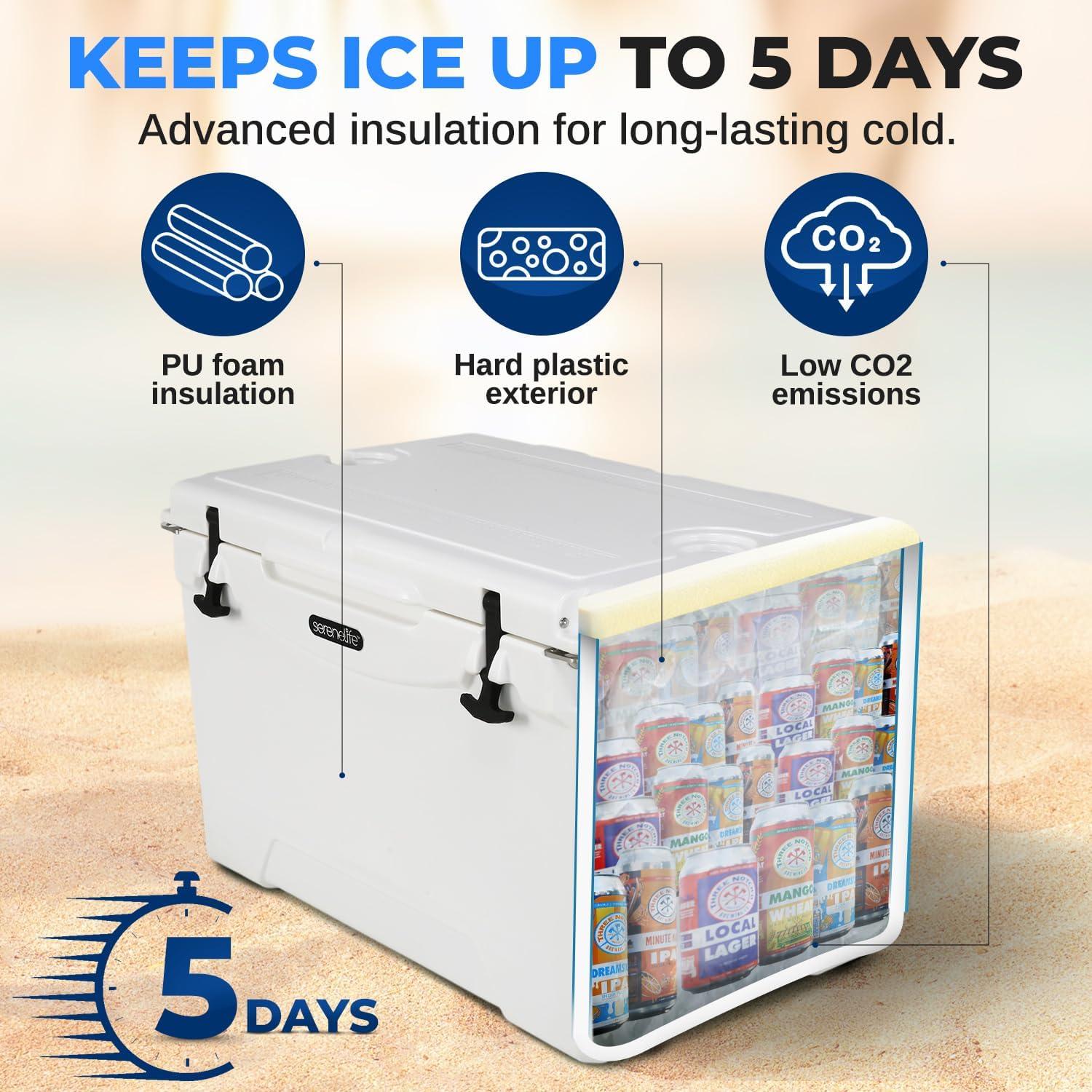 imageSereneLife UltraTough 2575 Quart Rotomolded Cooler Box Holds Upto 64 Cans Keeps Ice Up to 5 Days HeavyDuty Insulated Portable Ice Chest Box Ideal for Camping Beach Picnics Tailgating etcWhite