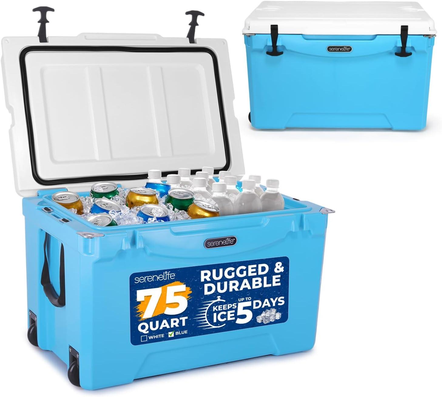 imageSereneLife UltraTough 2575 Quart Rotomolded Cooler Box Holds Upto 64 Cans Keeps Ice Up to 5 Days HeavyDuty Insulated Portable Ice Chest Box Ideal for Camping Beach Picnics Tailgating etcBlue