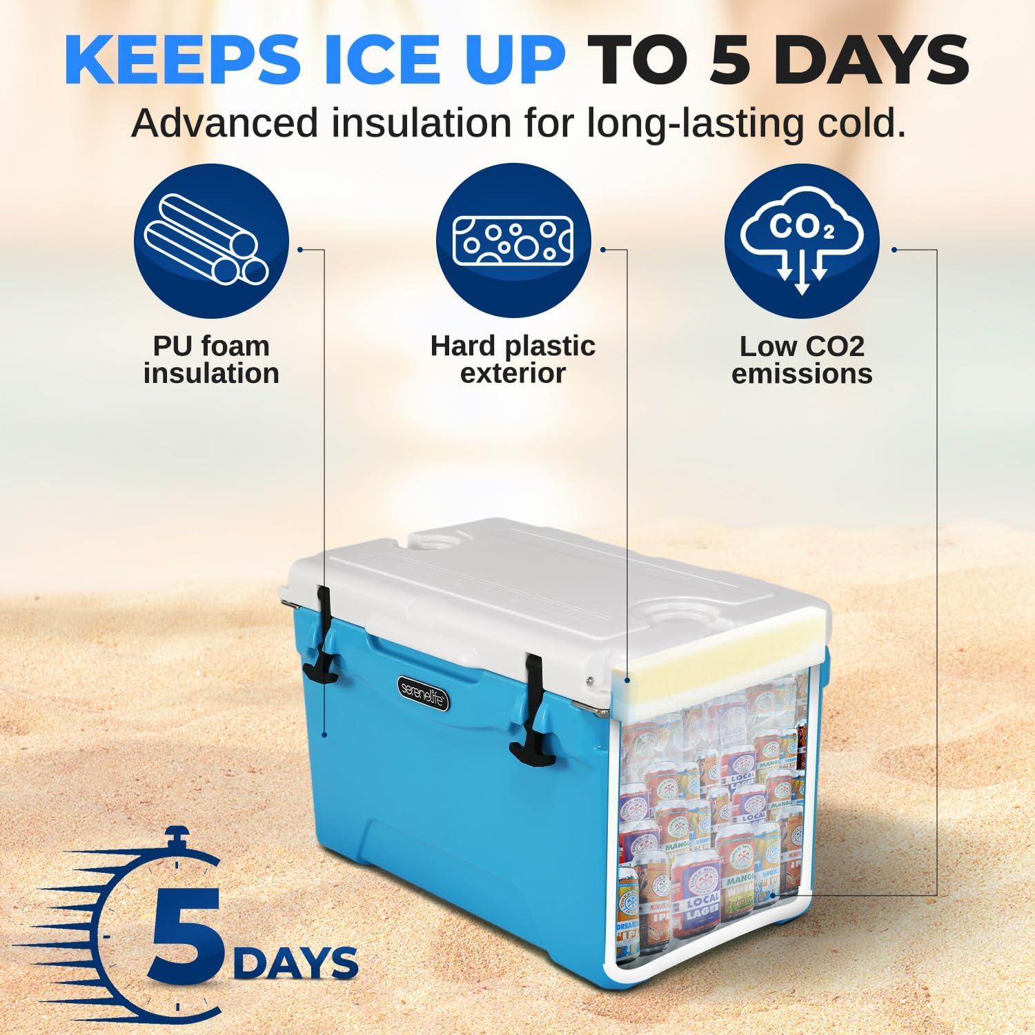imageSereneLife UltraTough 2575 Quart Rotomolded Cooler Box Holds Upto 64 Cans Keeps Ice Up to 5 Days HeavyDuty Insulated Portable Ice Chest Box Ideal for Camping Beach Picnics Tailgating etcBlue