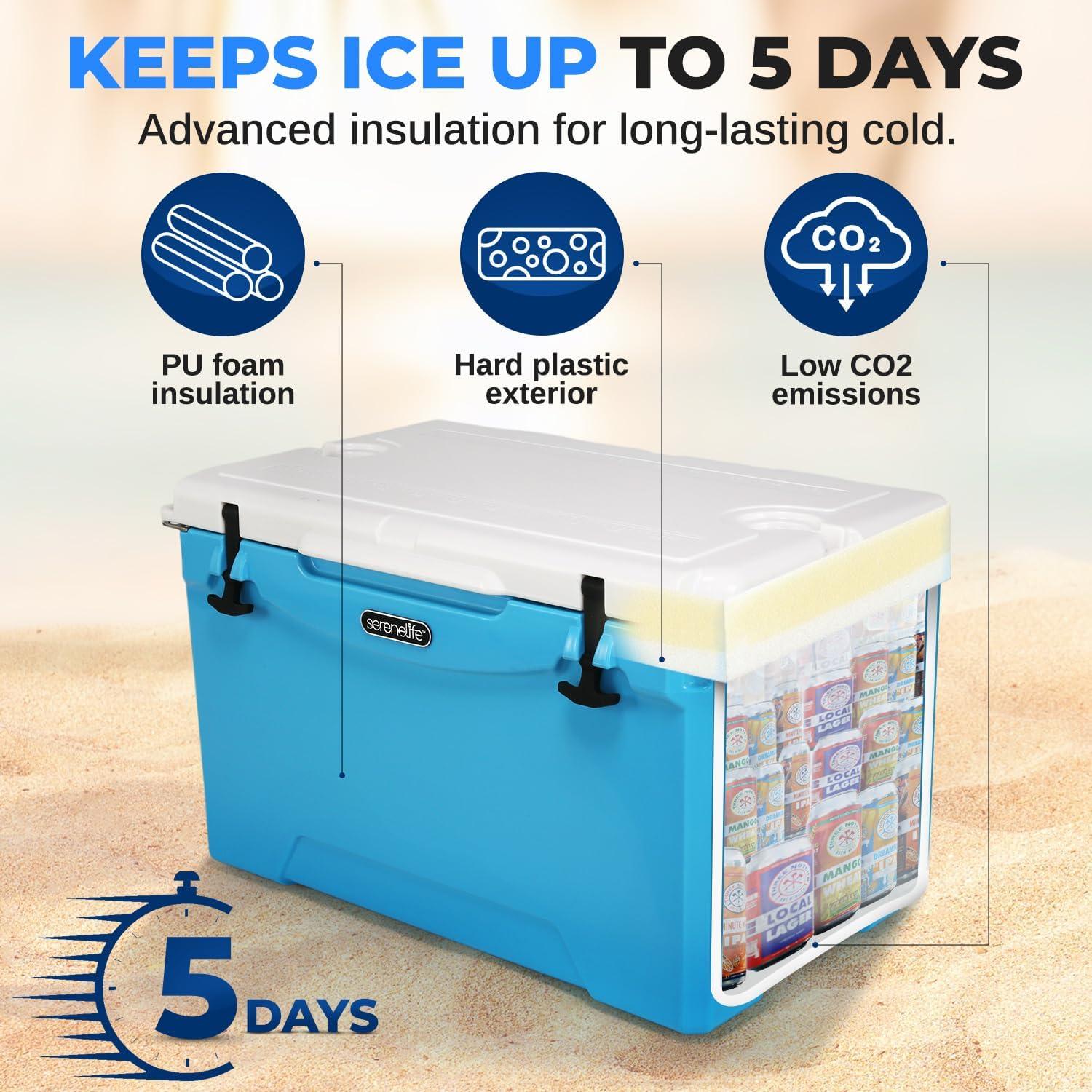 imageSereneLife UltraTough 2575 Quart Rotomolded Cooler Box Holds Upto 64 Cans Keeps Ice Up to 5 Days HeavyDuty Insulated Portable Ice Chest Box Ideal for Camping Beach Picnics Tailgating etcBlue