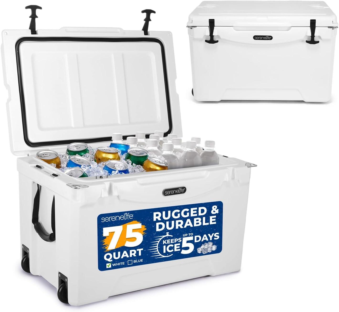 imageSereneLife UltraTough 2575 Quart Rotomolded Cooler Box Holds Upto 64 Cans Keeps Ice Up to 5 Days HeavyDuty Insulated Portable Ice Chest Box Ideal for Camping Beach Picnics Tailgating etcWhite