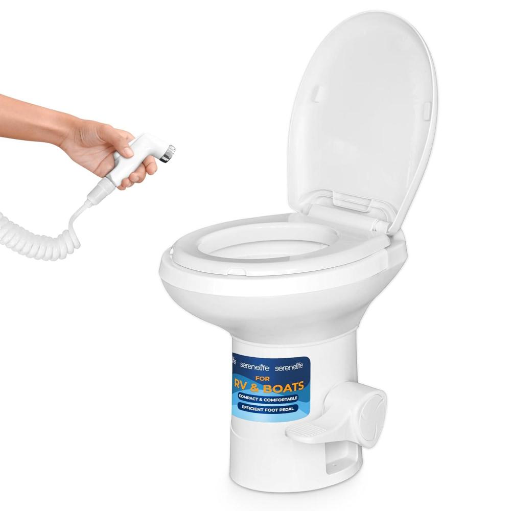 imageSereneLife CamperRV Toilet  Easy Flush with Foot Pedal Hand Sprayer SoftClose Seat LeakProof Bowl OdorFree Includes Accessories Quick Install for RVs Trailers Boats ampamp Marine Use
