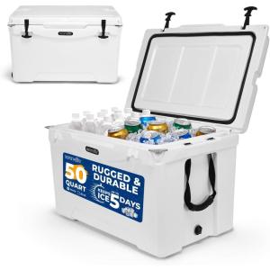 imageSereneLife UltraTough 2575 Quart Rotomolded Cooler Box Holds Upto 64 Cans Keeps Ice Up to 5 Days HeavyDuty Insulated Portable Ice Chest Box Ideal for Camping Beach Picnics Tailgating etcWhite