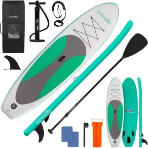 imageSereneLife Inflatable 10 Stand Up Paddle Board with 32 Wide Platform  NonSlip EVA Deck DropStitch Construction 3Piece Aluminum Paddle Safety Leash Removable Fin ampamp Backpack  275 lbs Capacity