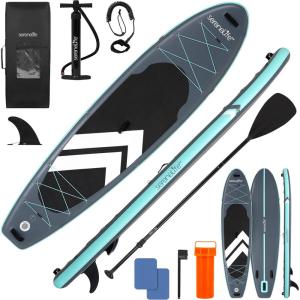 imageSereneLife Inflatable 11 Stand Up Paddle Board with 32 Wide Platform NonSlip EVA Deck DropStitch Construction 3Piece Aluminum Paddle Safety Leash Removable Fins ampamp Backpack 350 lbs Capacity