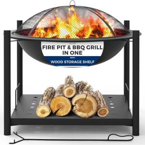 imageSereneLife Smokeless Wood Fire Pit Steel BBQ Grill Fire Pit Bowl with Mesh Spark Screen Log Grate Fire Poker and Cover HeatResistant Coating Perfect for Outdoor Entertaining 26x26x22