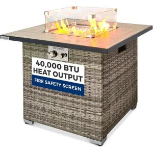 imageSereneLife Tabletop Propane Firepit 30 Square Base Fire Table with Tile Tabletop ampamp Clear Glass Rocks 50000 BTU Stainless Steel Burner Tempered Glass Wind Guard Weather Resistant 30x30x24