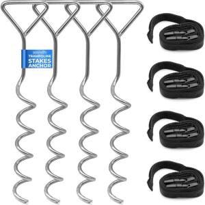 imageSereneLife Trampoline Anchor Kit  4 HeavyDuty Galvanized Steel Stakes and 4 Buckled Straps 1575quotx366quot DeformityResistant Handles Spiral Ground Hooks for Tents Swing Chairs Soccer Goals