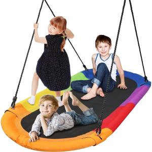 imageSereneLife Outdoor Spinner Saucer Tree SwingHanging Tree Oval Shaped Flying Saucer wRope StrapsCushion Padded Metal FramePolyester Fabric Seatfor Kids ampamp AdultSereneLife SLSOVSWNG55GR GreenRainbow