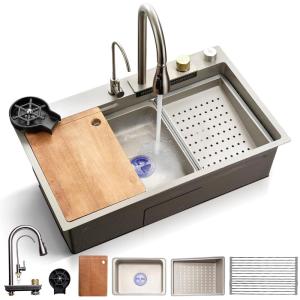 imageSereneLife Stainless Steel Kitchen Sink  Undermount ampamp DropIn Installation 13 Gauge ampamp 30quotL x 18quotW x 9quotH IN  Includes Faucet Drain Rack Strainer Basket Cutting Board ampamp Cup Washer  BlackGray