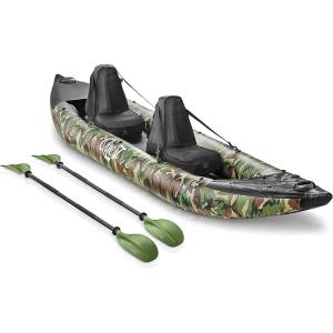 imageSereneLife Inflatable 2Person Kayak Lightweight Portable Kayak for Adults with Aluminum Paddles Pump Adjustable Seats Durable PVC 660lb Capacity Carry Bag ampamp Repair Kit Included Camo
