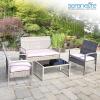 imageSereneLife 4 Piece ConversationChat Set Outdoor Living Rattan Furniture Includes 1 Double ampamp 2 Single Chairs with Cushion ampamp 1 Glasstop Coffee Table TaupeLight Gray