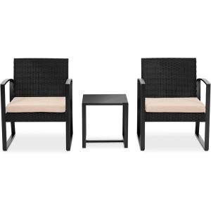 imagePatio Outdoor Rattan Furniture Set 3 Pcs Per Set  Includes 2 Single Chairs with Soft Cushion and 1 Glasstop Coffee Table Black WeatherResistant Resin Wicker Rattan