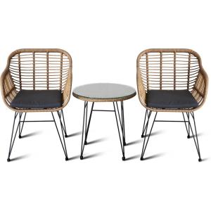 imageSereneLife 3 Piece Chat Set Outdoor Living Rattan Furniture Set Includes 2 Includes 2 Single Chairs wCushions and 1 Glasstop Coffee Table Brown