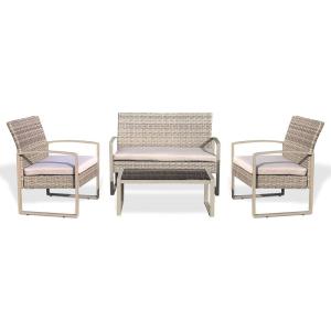 imageSereneLife 4 Piece ConversationChat Set Outdoor Living Rattan Furniture Includes 1 Double ampamp 2 Single Chairs with Cushion ampamp 1 Glasstop Coffee Table TaupeLight Gray