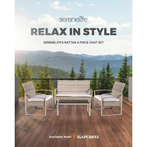 imageSereneLife 4 Piece ConversationChat Set Outdoor Living Rattan Furniture Includes 1 Double ampamp 2 Single Chairs with Cushion ampamp 1 Glasstop Coffee Table TaupeTaupe