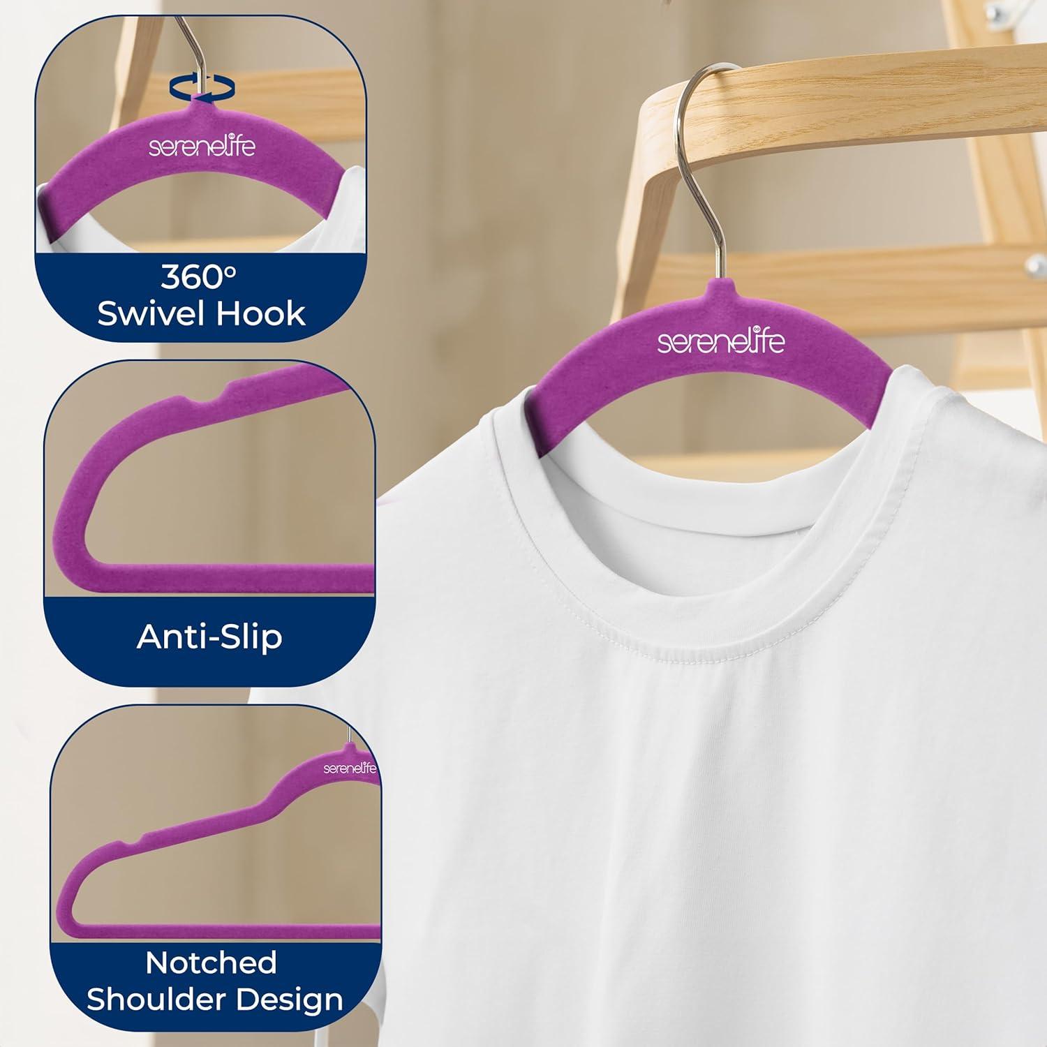 imageSereneLife 20 Pack Velvet Hangers  NonSlip Clothes Hangers with Heavy Duty Design Slim SpaceSaving Coat Hangers with 360 Swivel Hook Strong Lightweight Closet Organizer Set for Clothes PurplePurple