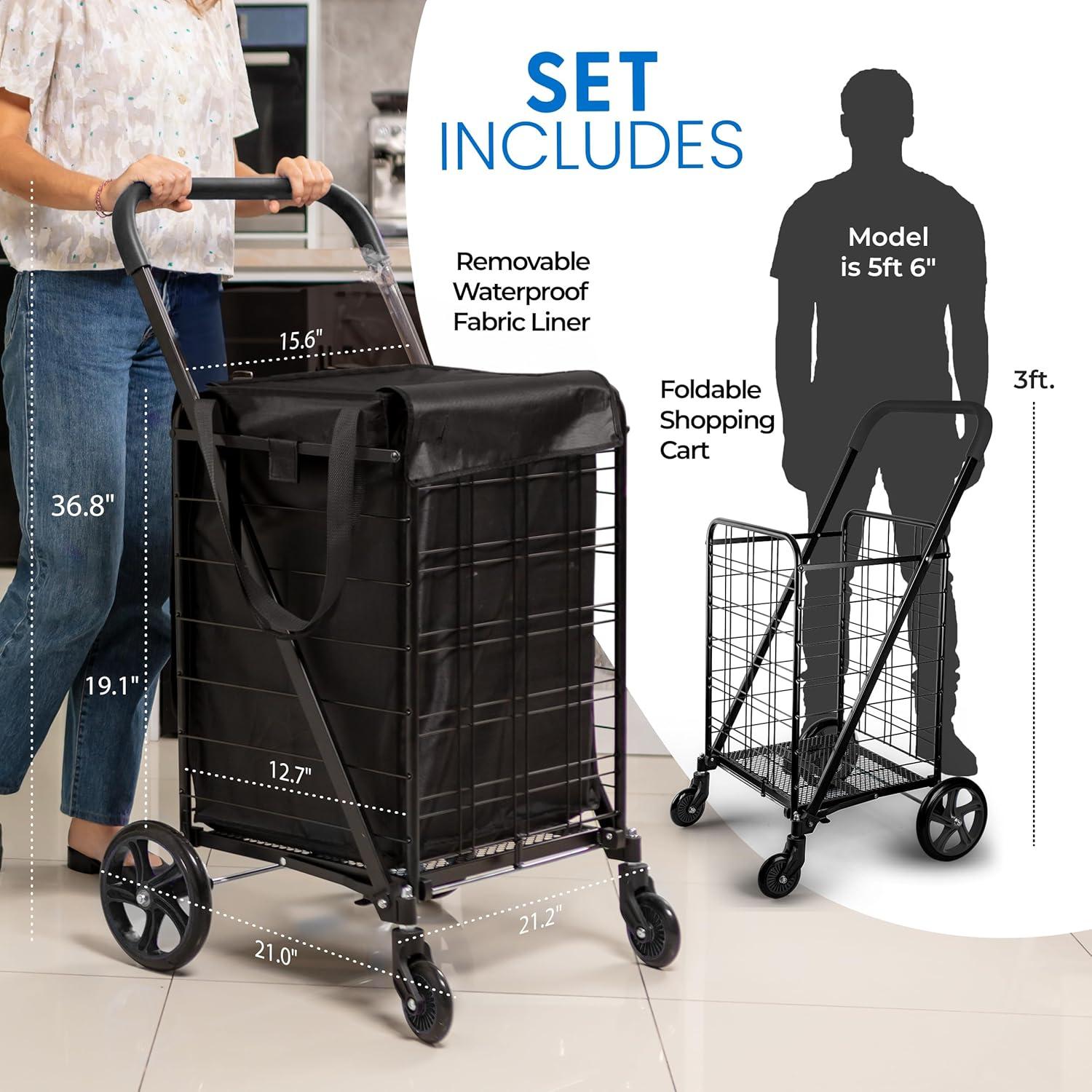 imageSereneLife Small Compact Folding Shopping Cart with Removable Waterproof Liner  360 Swivel Wheels RustProof Steel Frame 70lb Capacity  Portable Grocery Laundry ampamp Travel Cart BlueBlack