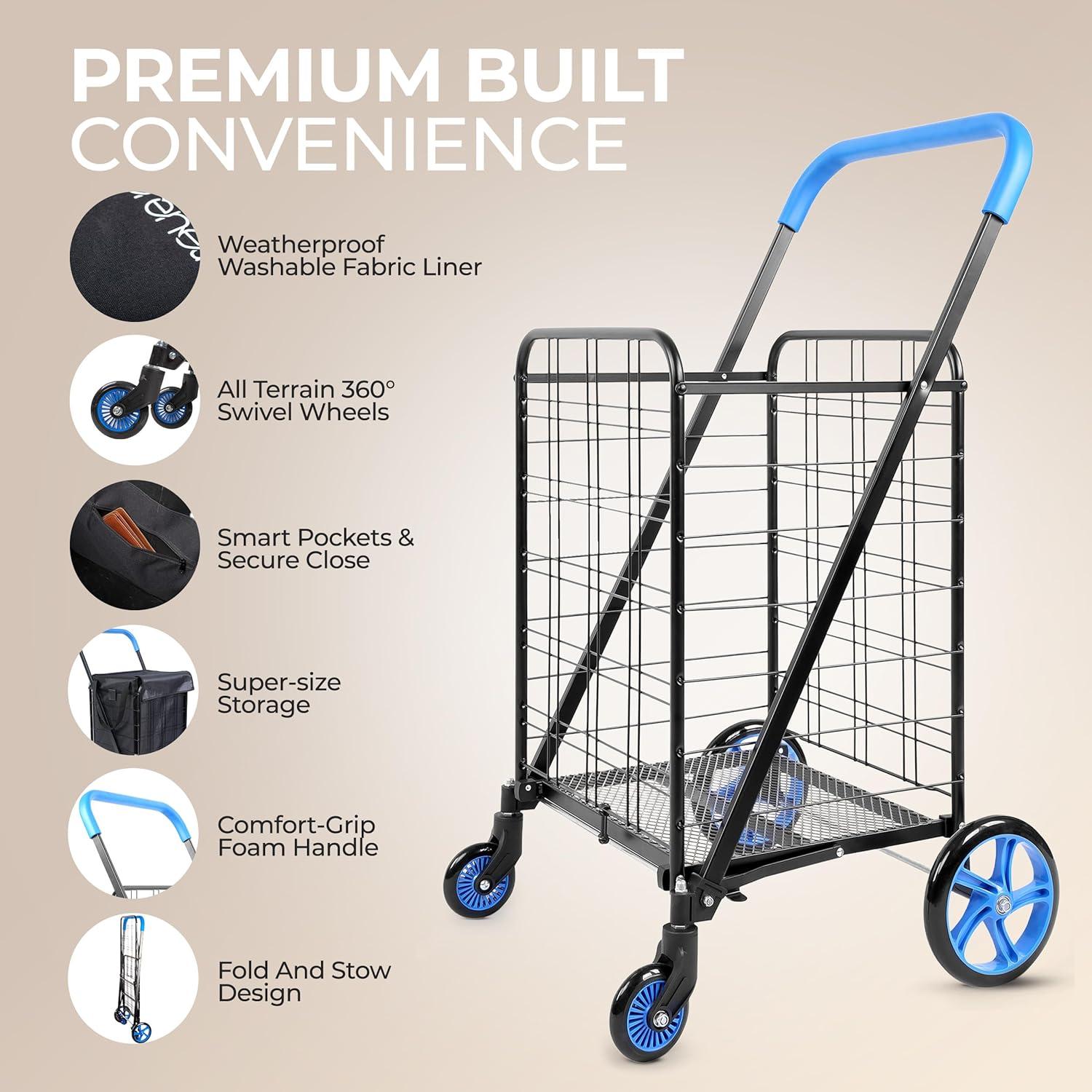 imageSereneLife Small Compact Folding Shopping Cart with Removable Waterproof Liner  360 Swivel Wheels RustProof Steel Frame 70lb Capacity  Portable Grocery Laundry ampamp Travel Cart BlueBlue