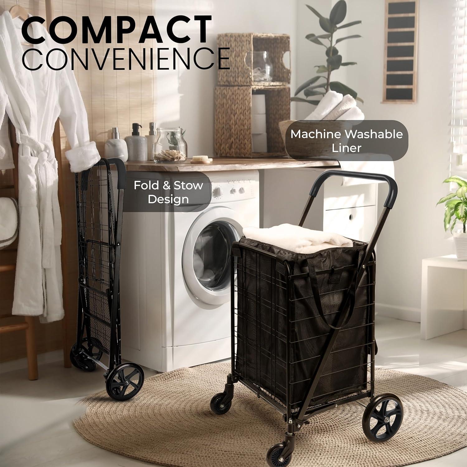 imageSereneLife Small Compact Folding Shopping Cart with Removable Waterproof Liner  360 Swivel Wheels RustProof Steel Frame 70lb Capacity  Portable Grocery Laundry ampamp Travel Cart BlueBlack