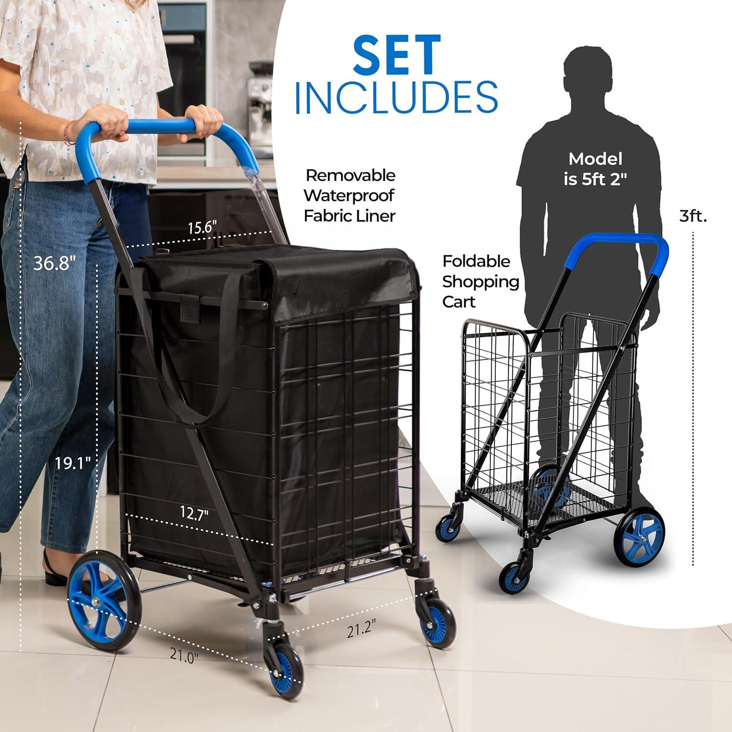 imageSereneLife Small Compact Folding Shopping Cart with Removable Waterproof Liner  360 Swivel Wheels RustProof Steel Frame 70lb Capacity  Portable Grocery Laundry ampamp Travel Cart BlueBlue