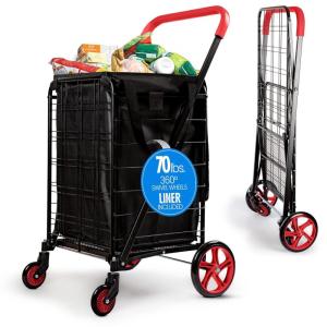 imageSereneLife Small Compact Folding Shopping Cart with Removable Waterproof Liner  360 Swivel Wheels RustProof Steel Frame 70lb Capacity  Portable Grocery Laundry ampamp Travel Cart BlueRed