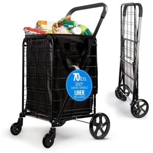imageSereneLife Small Compact Folding Shopping Cart with Removable Waterproof Liner  360 Swivel Wheels RustProof Steel Frame 70lb Capacity  Portable Grocery Laundry ampamp Travel Cart BlueBlack