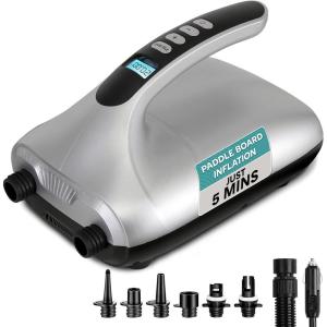 imagePaddle Board Pump Electric  Portable 20 PSI DualStage Air Compressor for Super Fast Inflation and Deflation AutoOff LCD Display and 12V Car Connector  for SUP Boats ampamp InflatablesGrey