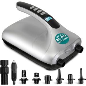 imagePaddle Board Pump Electric  Portable 20 PSI DualStage Air Compressor for Super Fast Inflation and Deflation AutoOff LCD Display and 12V Car Connector  for SUP Boats ampamp InflatablesMatte Grey