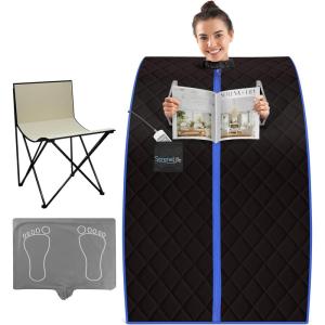 imageSereneLife Portable Sauna Box for Home Infrared Sauna Tent with Heated Foot Pad and Folding Chair Remote Control InHome Spa 38quot x 32Black  Updated