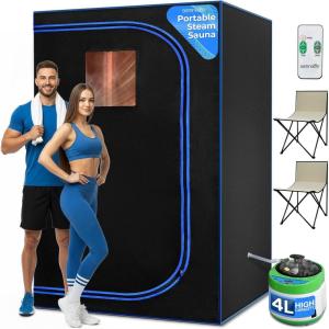 imageSereneLife Portable Sauna Box for Home Steam Sauna Tent with Extra Large 4L Steamer  Includes Folding Sauna Chair Remote Control w 9 Heat Levels for inHome Spa  29 x 29 x 592 Person  Black