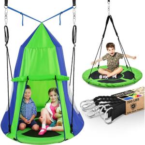 imageSereneLife 40quot Kids Hanging Tent Swing Outdoor Saucer Swing with Hang Kit and Swinging Swivel Spinner Green