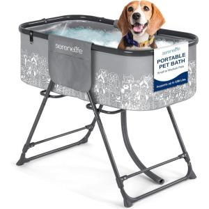 imageSereneLife Portable Dog Bath Tub with Drain Foldable Indoor Outdoor Dog Tubs for Bathing and Grooming with Pockets ampamp Leash Restraint Collapsible Design Supports Pets Up to 130 lbsGray