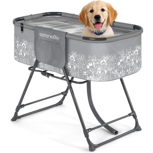 image:imageSereneLife Foldable Dog Bath Tub with Adjustable Height 360 Access Drain Hose amp Storage Pockets  130 lb Capacity Grooming Station for IndoorOutdoor Use BeigeGray