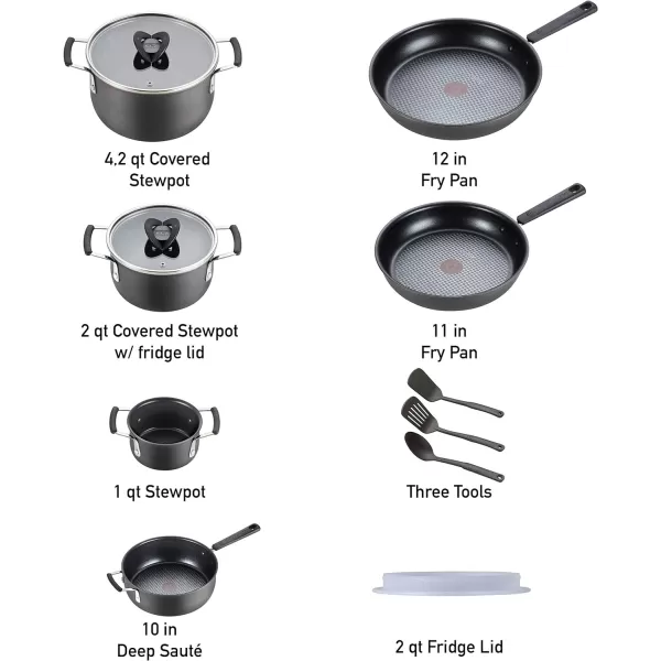 T-fal All In One Hard Anodized Nonstick Cookware Set 12 Piece Pots and Pans, Dishwasher Safe Black