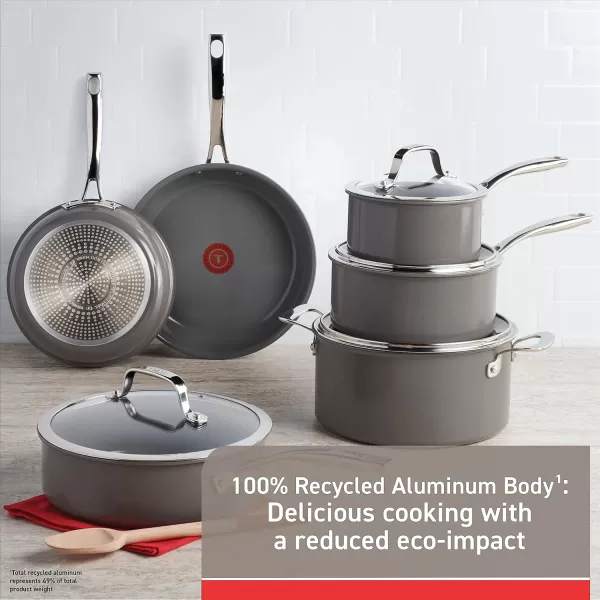 T-fal Ceramic Excellence Reserve Ceramic Nonstick Cookware Set 10 Piece Induction Oven Broiler Safe 500F Pots and Pans Grey
