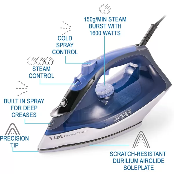 T-fal Ecomaster Ceramic Soleplate Steam Iron for Clothes Eco-Friendly with Steam Trigger 1400 Watts Ironing, Programmable Steaming FV1742U0, Blue