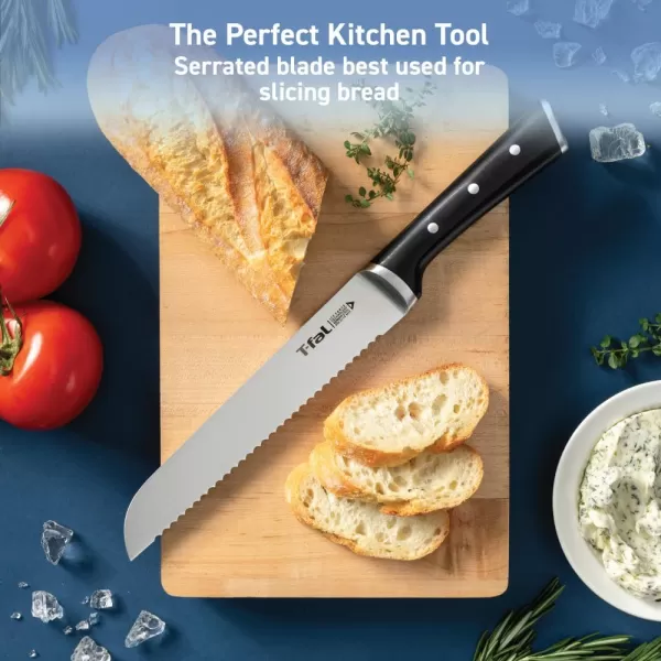 T-fal Ice Force Stainless Steel Bread Knife, 8 Inch, Long Lasting Sharpness, High Cutting Precision, German Stainless Steel, Kitchen Knife, Cook Tool, Kitchen Tool, Black
