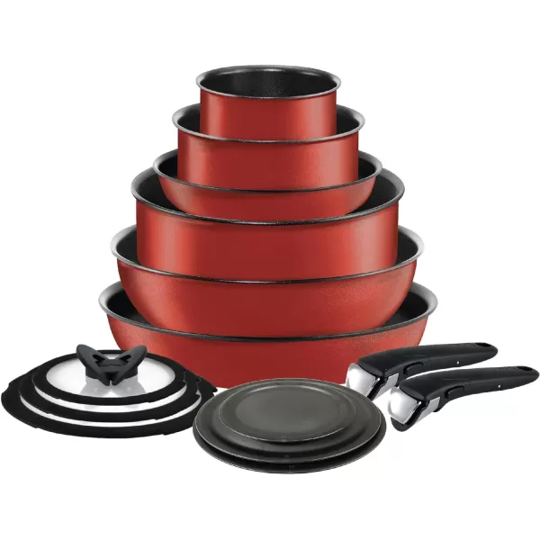 T-fal Ingenio Nonstick Cookware Set 14 Piece, Induction, Oven Broiler Safe 500F, Cookware, Pots and Pans, RV, Camping, Oven, Broil, Dishwasher Safe, Detachable Handle, Cherry Red