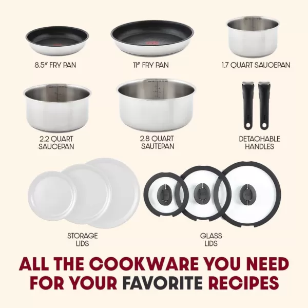 T-fal Ingenio Nonstick Cookware Set 14 Piece, Induction, Oven Broiler Safe 500F, Cookware, Pots and Pans, RV, Camping, Oven, Broil, Dishwasher Safe, Detachable Handle, Cherry Red