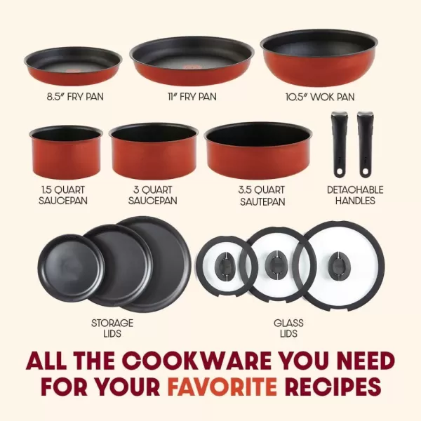T-fal Ingenio Nonstick Cookware Set 14 Piece, Induction, Oven Broiler Safe 500F, Cookware, Pots and Pans, RV, Camping, Oven, Broil, Dishwasher Safe, Detachable Handle, Cherry Red