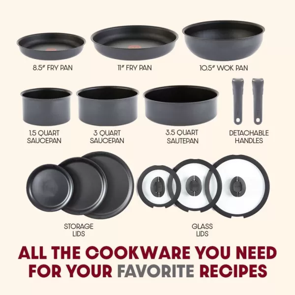 T-fal Ingenio Nonstick Cookware Set 14 Piece, Induction, Oven Broiler Safe 500F, Cookware, Pots and Pans, RV, Camping, Oven, Broil, Dishwasher Safe, Detachable Handle, Cherry Red