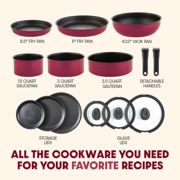 T-fal Ingenio Nonstick Cookware Set 14 Piece, Induction, Oven Broiler Safe 500F, Cookware, Pots and Pans, RV, Camping, Oven, Broil, Dishwasher Safe, Detachable Handle, Cherry Red